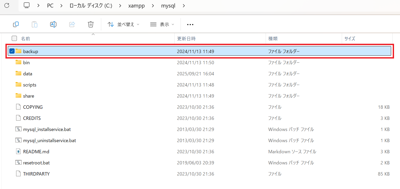 backupフォルダの位置