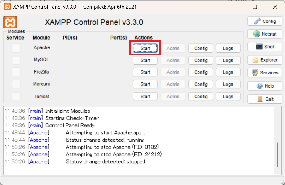 Apacheのスタートボタン